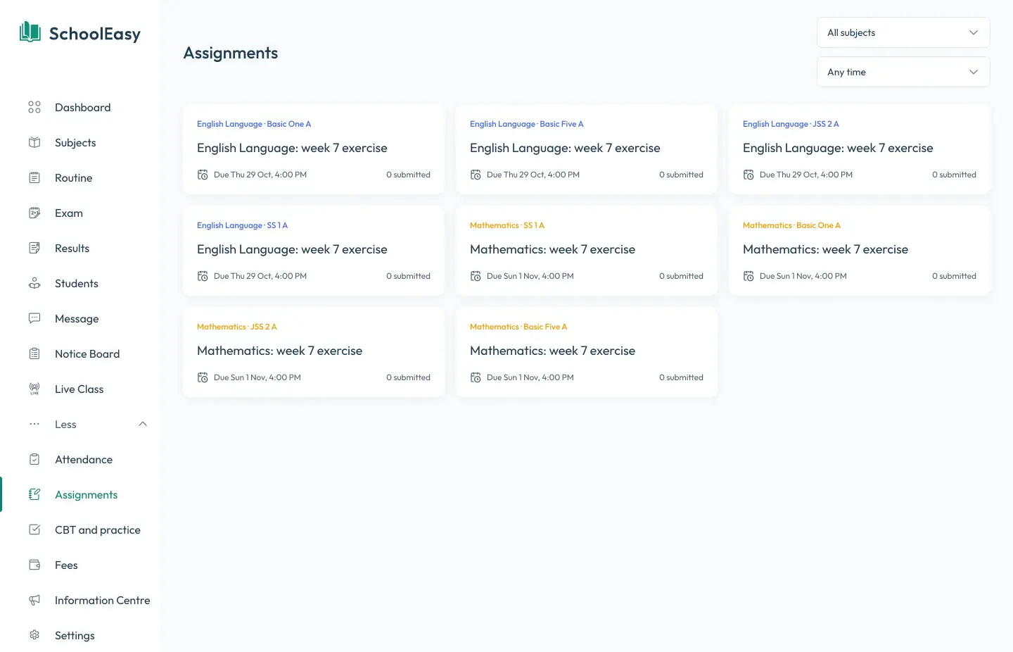 Assignments in SchoolEasy grouped by class and subject