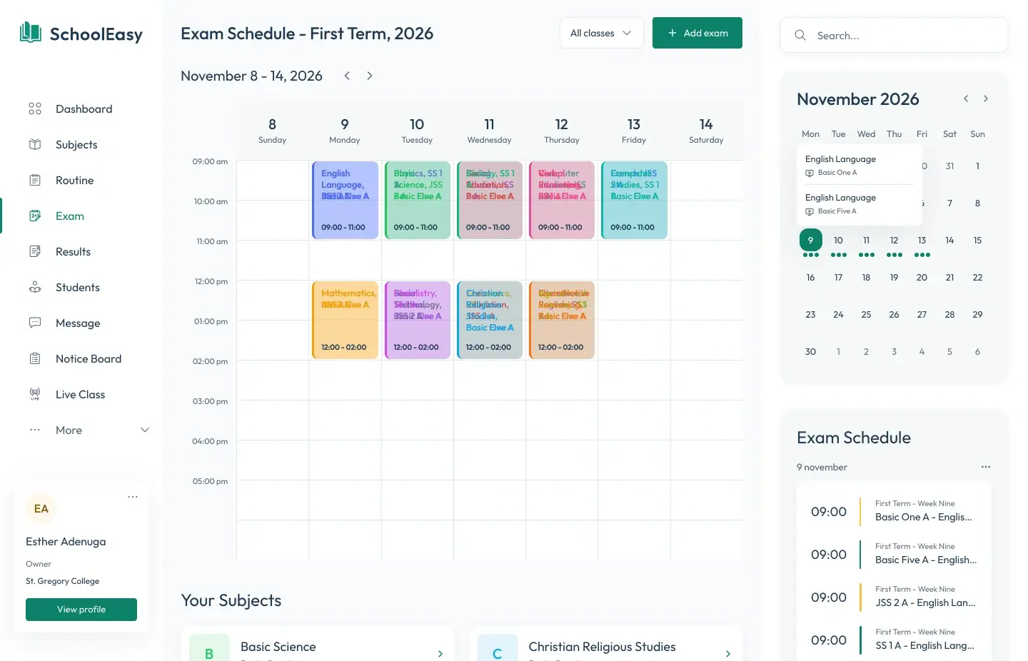 Exam schedule for the first term in SchoolEasy, shown as a weekly calendar