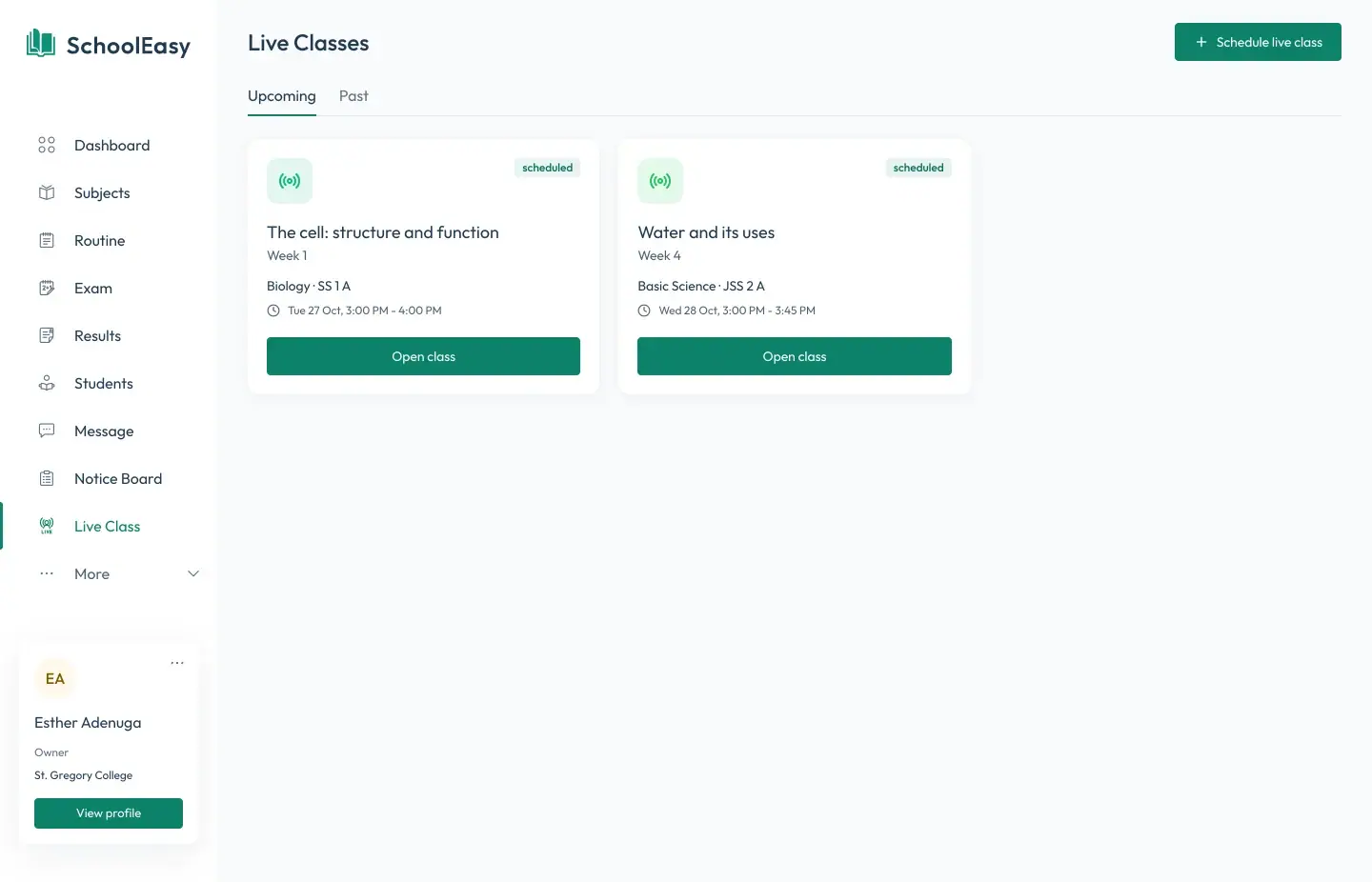 Upcoming live classes in SchoolEasy
