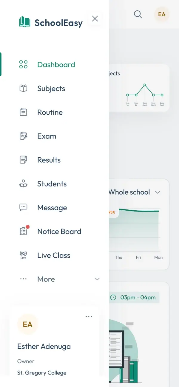 SchoolEasy on a phone, with the navigation menu open: Dashboard, Subjects, Routine, Exam, Results, Students, Message, Notice Board, and Live Class